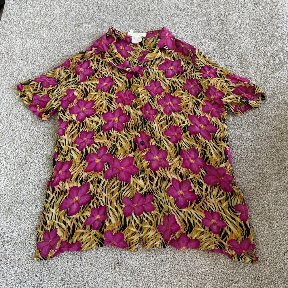 Vintage Escada Blouse Womens 40 Multicolor Silk Floral Button Short Sleeve Top